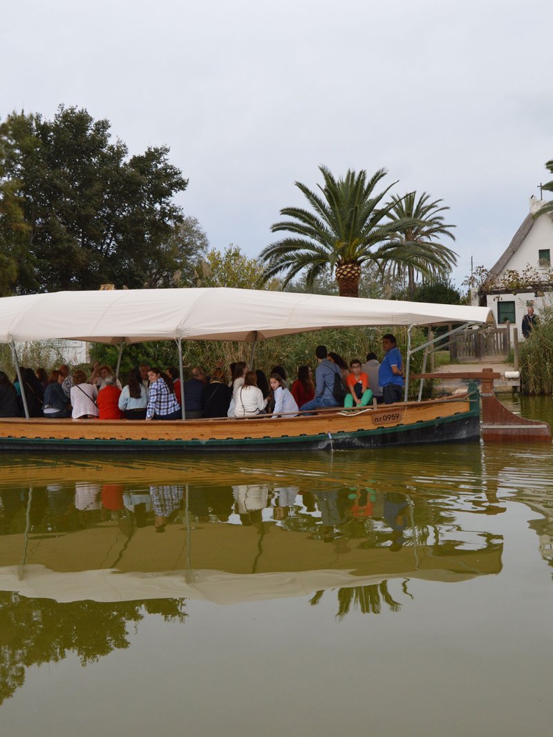 a group of people on a small boat in a body of water surrounded by palm trees